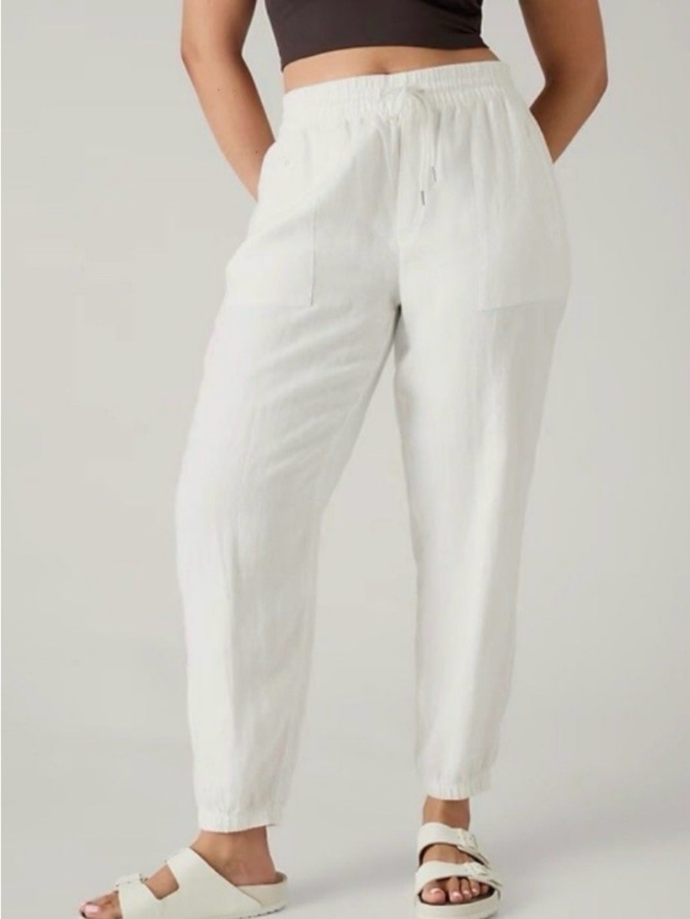 Athleta Linen White Elastic-Waist Jogger Pants